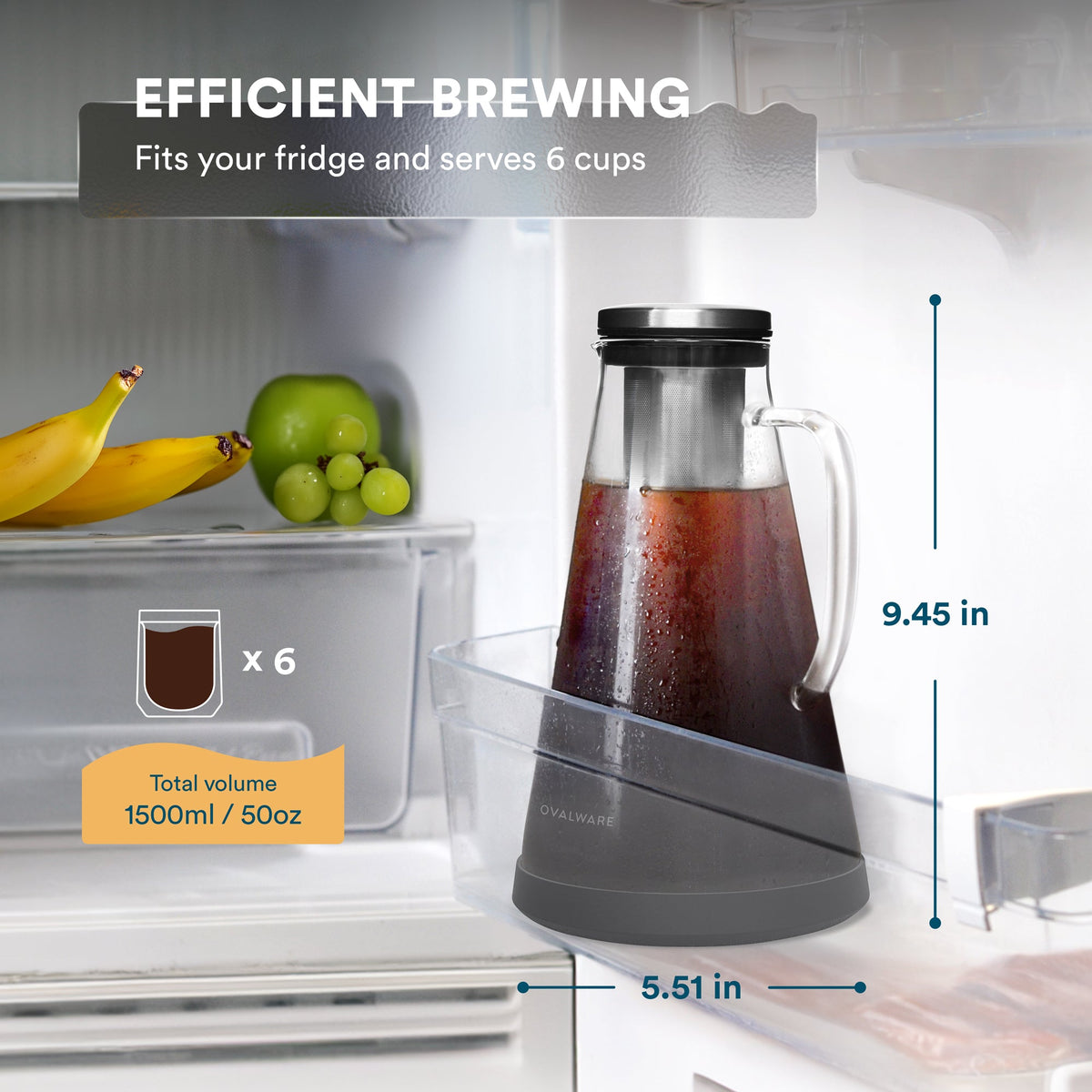 Ovalware glass cold brew coffee maker with stainless steel filter, view 4