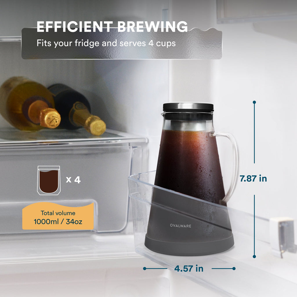 Ovalware glass cold brew coffee maker with stainless steel filter, view 3