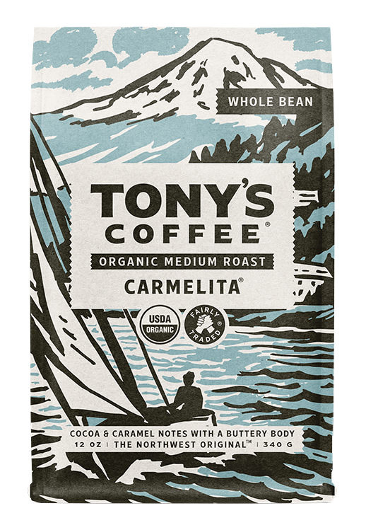 12 oz bag of Tony's Coffee Carmelita, organic medium roast