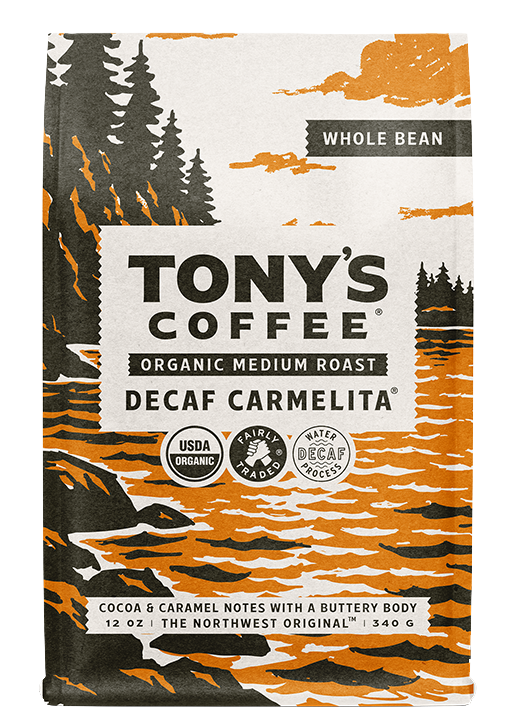 12 oz bag of Tony's Coffee Decaf Carmelita, organic medium roast