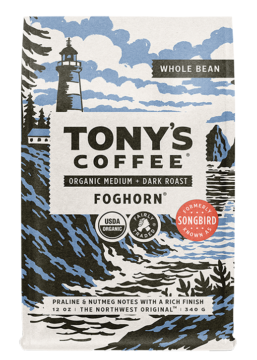 12 oz bag of Tony's Coffee Foghorn, organic medium and dark roast