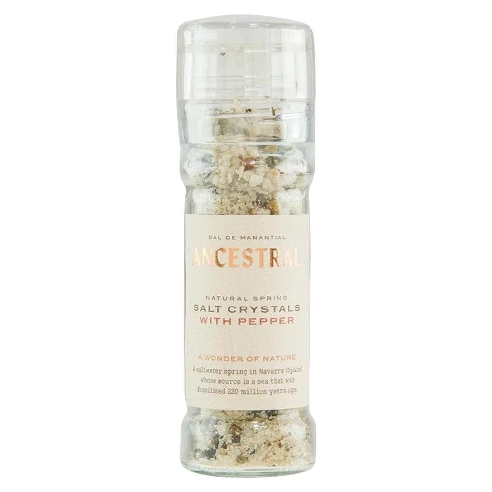 Ancestral Spring Salt natural spring salt crystals with organic pepper in a glass grinder