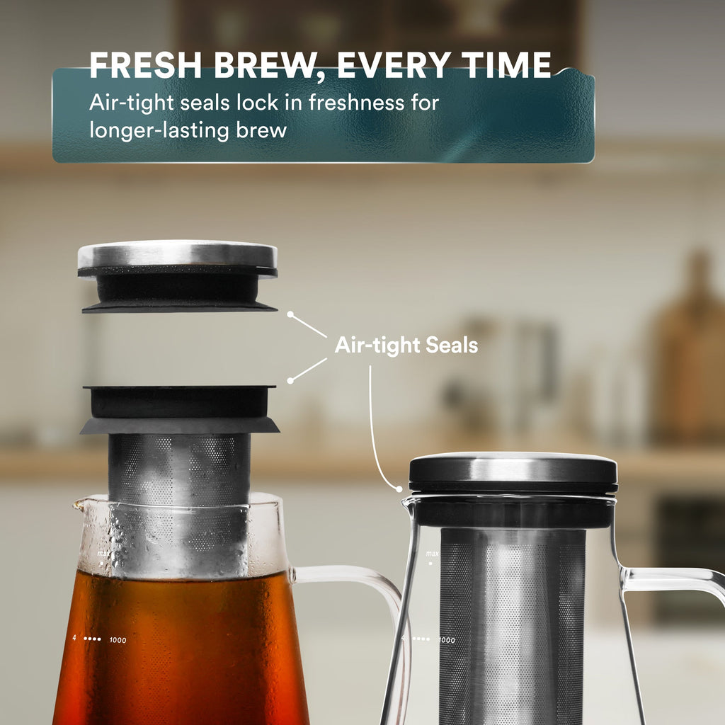 Ovalware glass cold brew coffee maker with stainless steel filter, view 6