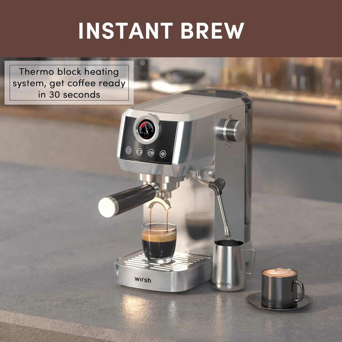 Wirsh Home Barista Plus 20 bar espresso machine with pressure gauge and steam wand, view 5