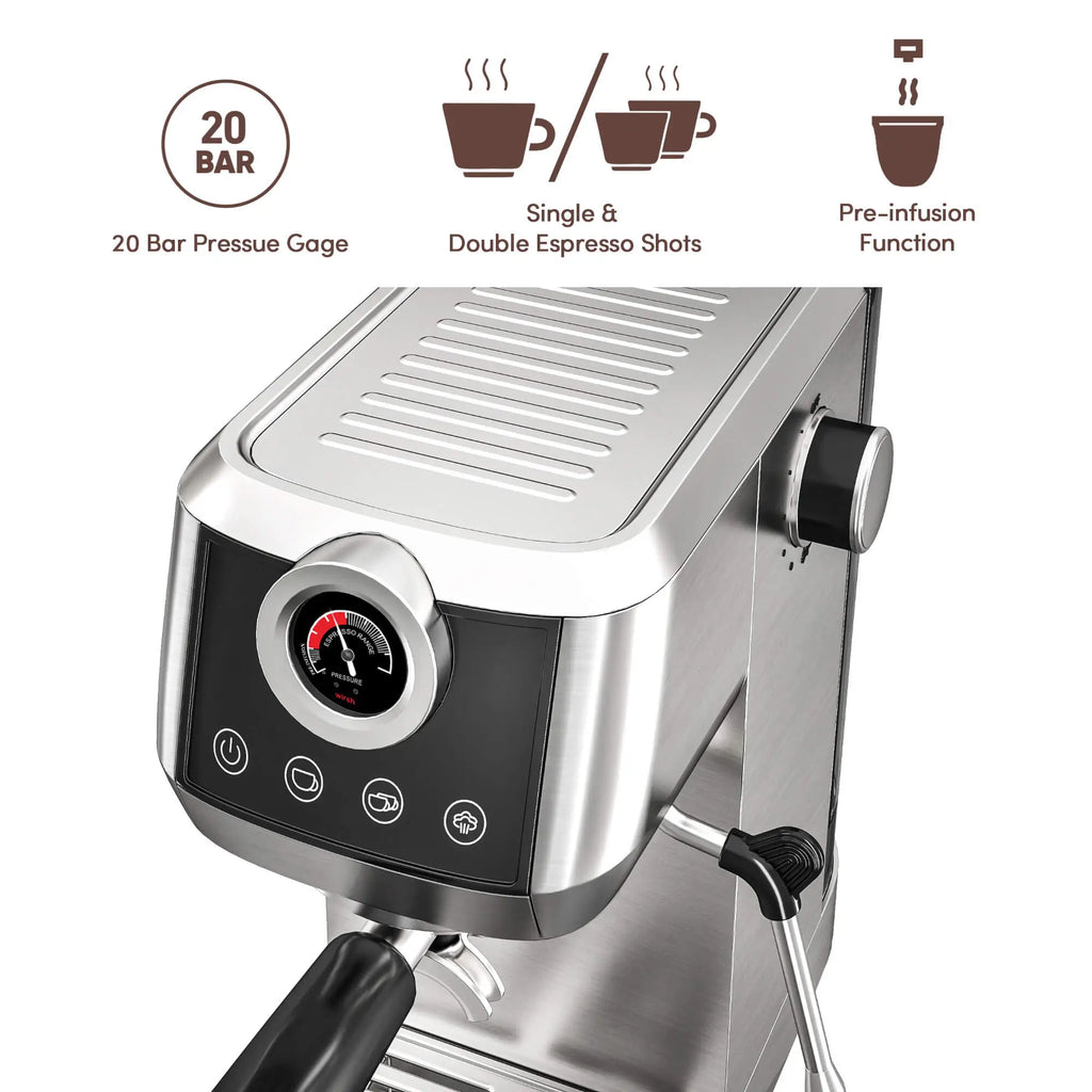 Wirsh Home Barista Plus 20 bar espresso machine with pressure gauge and steam wand, view 3