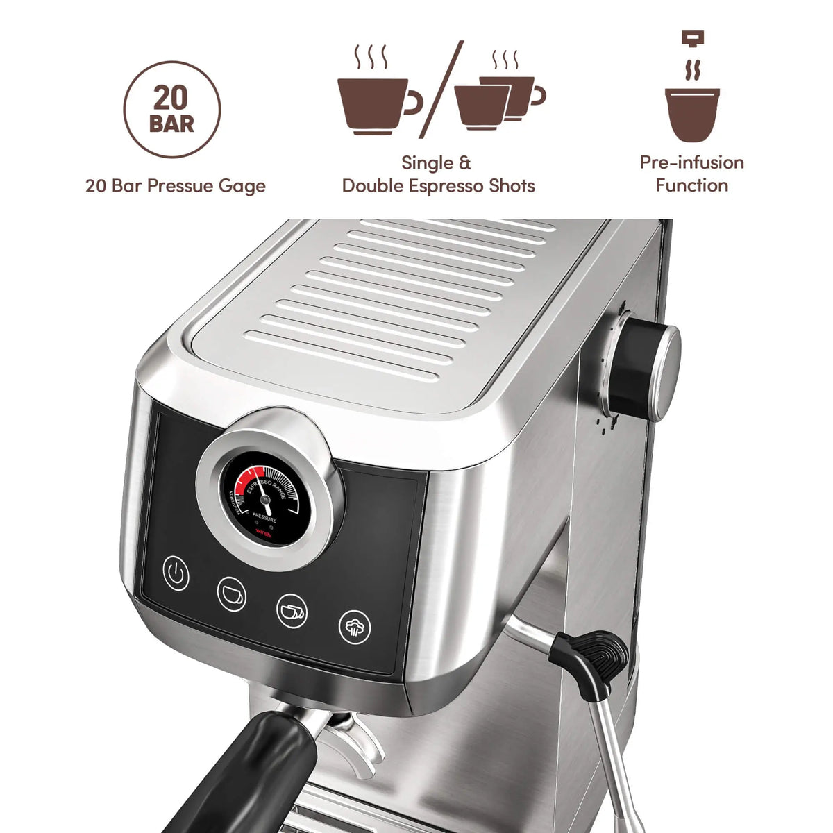 Wirsh Home Barista Plus 20 bar espresso machine with pressure gauge and steam wand, view 3