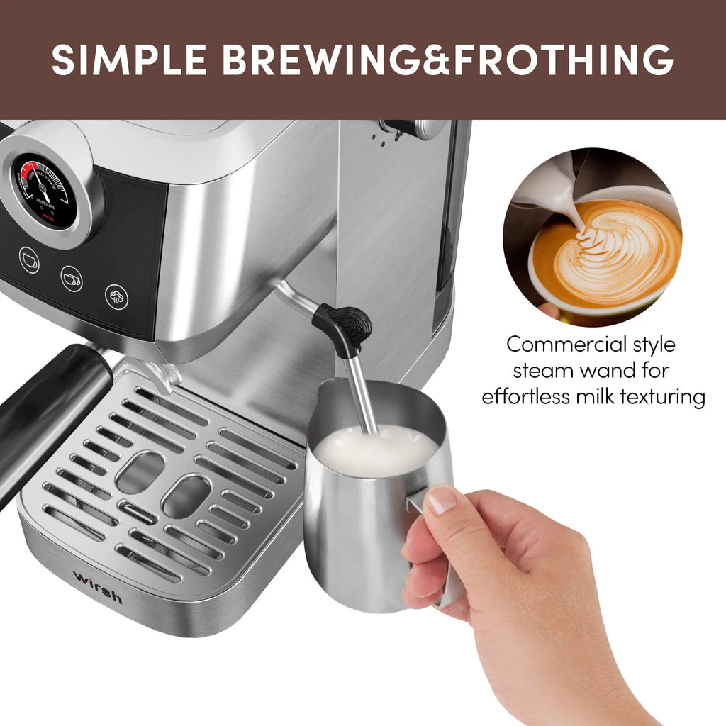 Wirsh Home Barista Plus 20 bar espresso machine with pressure gauge and steam wand, view 6
