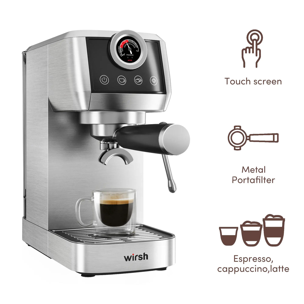 Wirsh Home Barista Plus 20 bar espresso machine with pressure gauge and steam wand, view 4