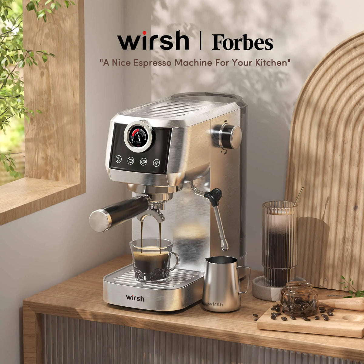 Wirsh Home Barista Plus 20 bar espresso machine with pressure gauge and steam wand, view 2