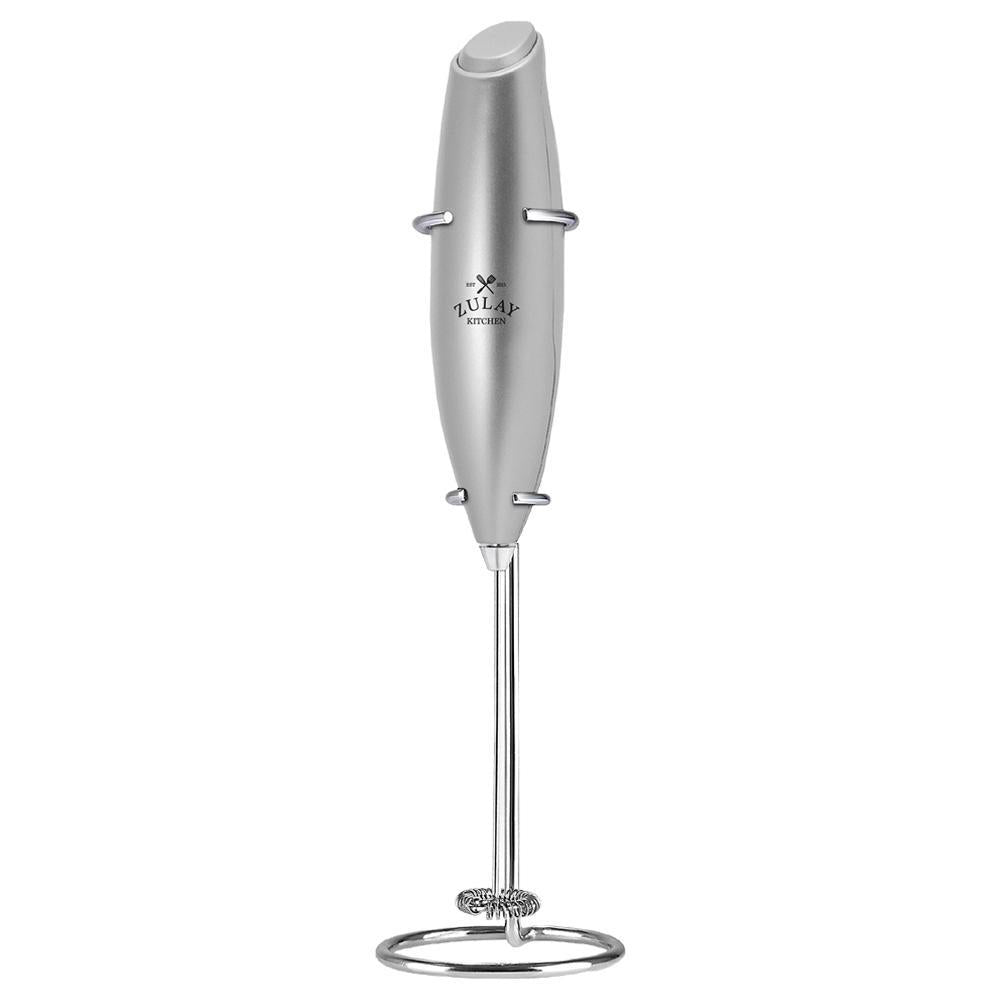 Zulay Kitchen silver handheld milk frother on its stand